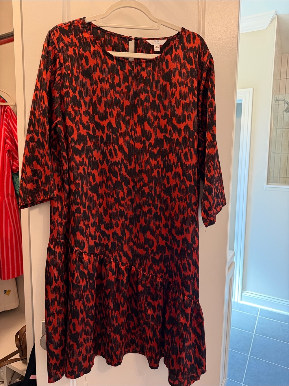 Time and Tru Red and Black Animal-Print Ruffle-Hem Dress